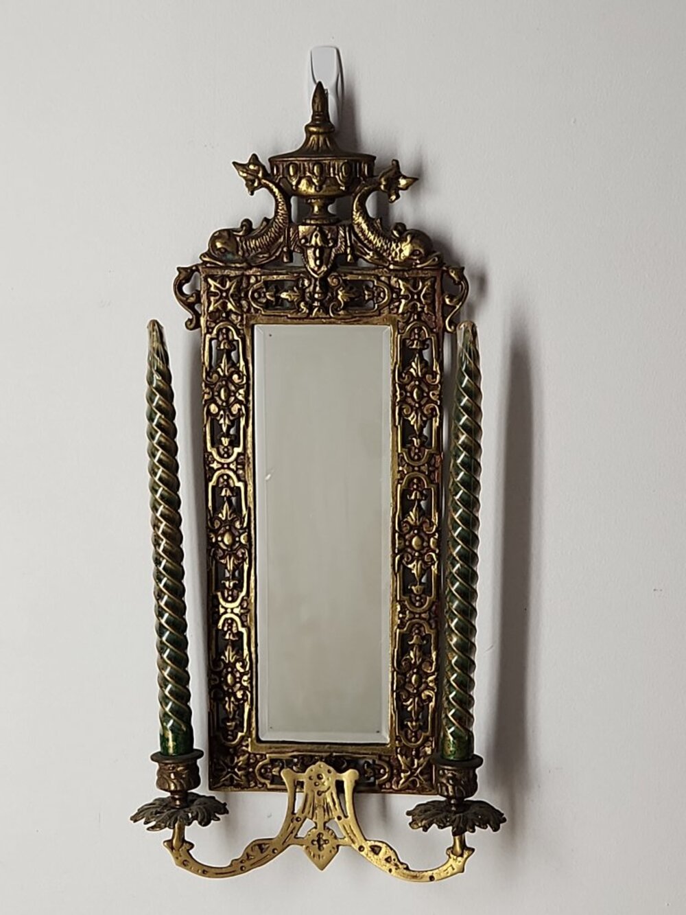 Antique Renaissance ornate brass wall mirror with dual candle holders + candles